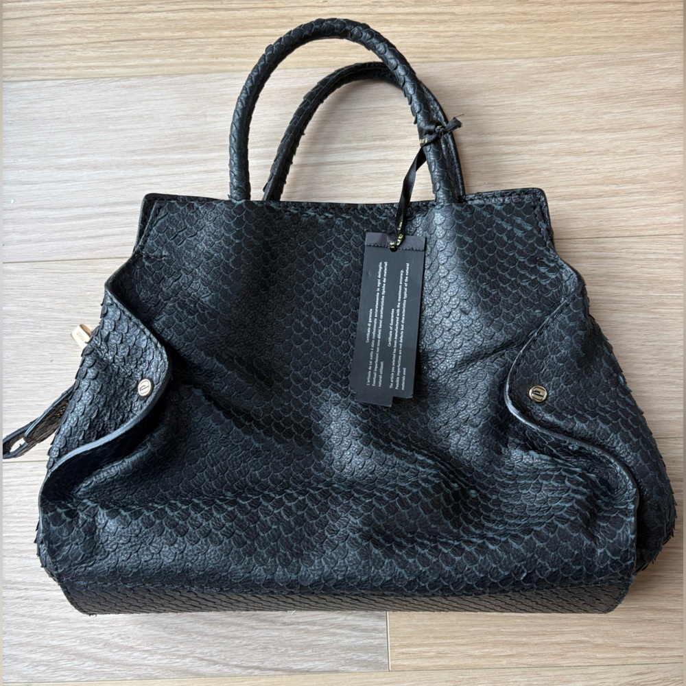 Black Python-Embossed Hobo Bag with Dual Handles - image 1